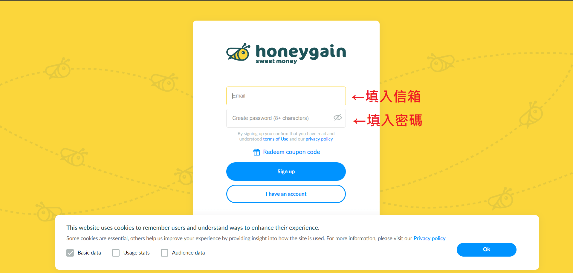 註冊掛機網賺Honeygain的第一步:填寫電郵、密碼